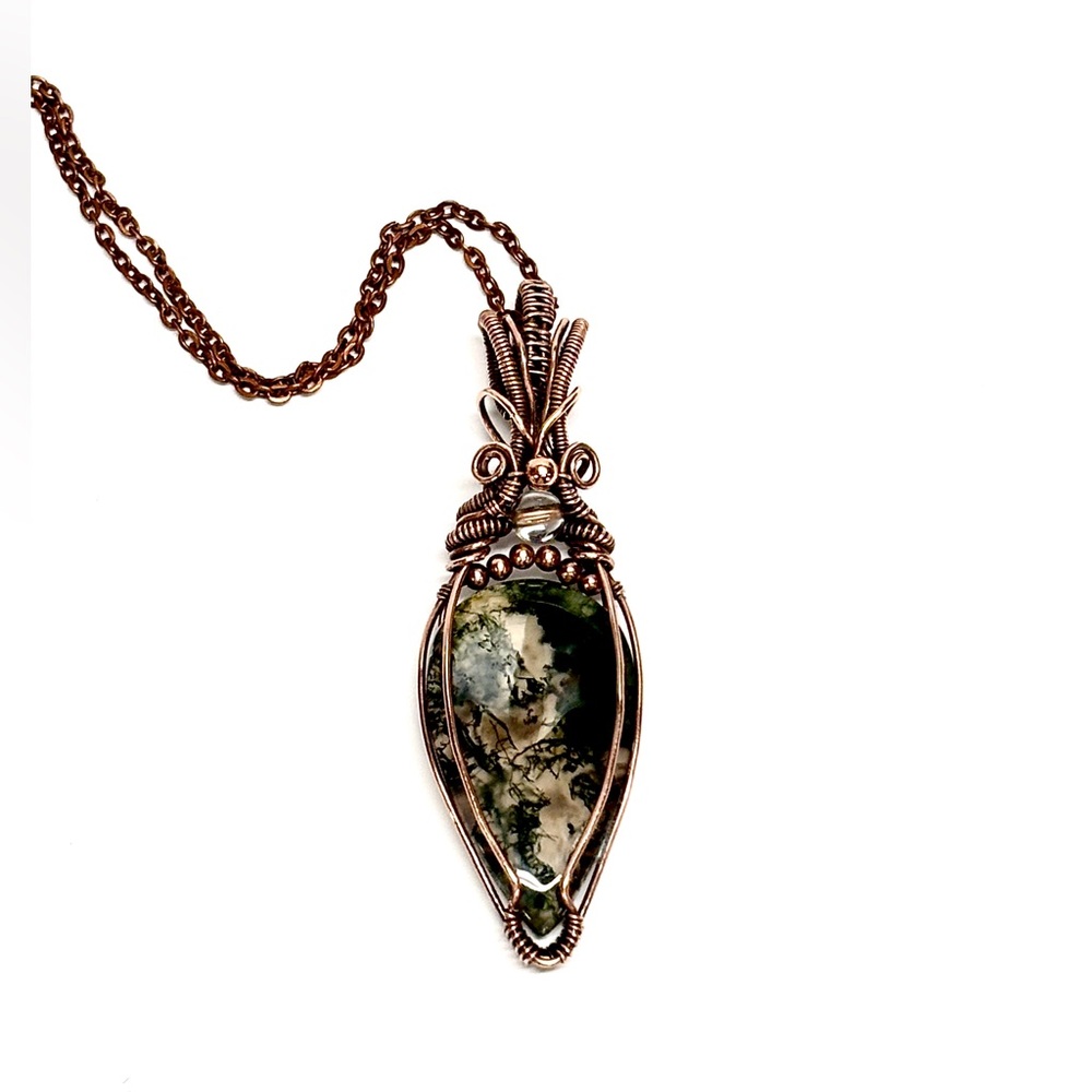 HANDMADE MOSS Agate & Clear Quartz Hand Wrapped Copper Statement Necklace, Gift - Picture 6 of 10